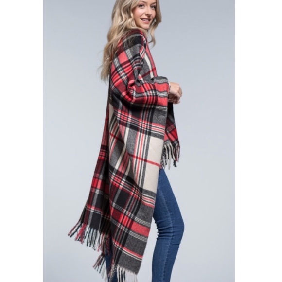 BOHO AUTUMN PLAID COZY RUANA IN RED - Picture 5 of 7